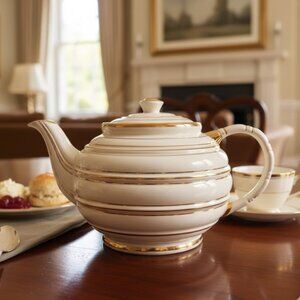 Vintage Sadler Horizontal Gold Ribbed Design in Ivory White 1947 Teapot 4 Cups